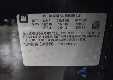 2016 Chevrolet Impala Lt z USA, uszkodzony, nr VIN 1G1105SA7GU158600